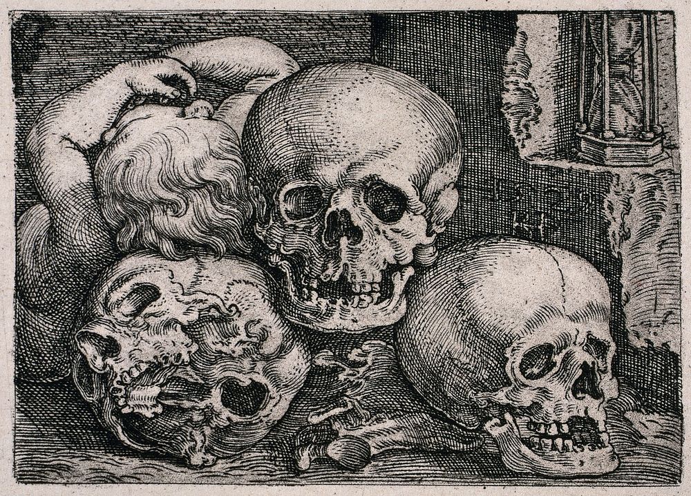 Three skulls are piled up to form a pyramidal composition on which a dead child partly lies. Heliogravure after S. Beham…