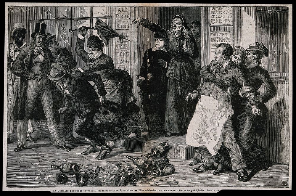 Women eject a drunk and publican from a bar in a crusade against drunkenness. Wood-engraving by A. Joliet, c. 1875, after…
