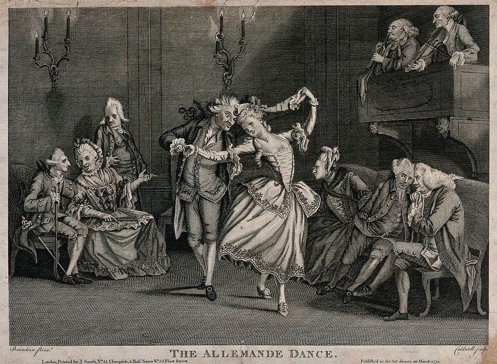 A man and a woman dancing watched by others sitting at the edges and talking. Engraving by Caldwell, 1772, after M.V.…