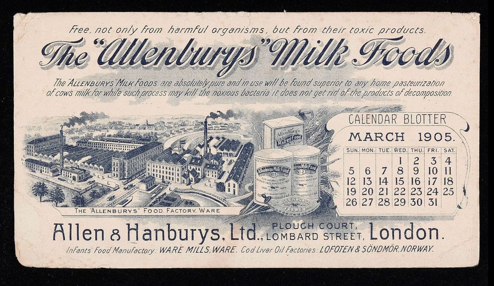 The "Allenburys" Milk Foods : calendar blotter, March 1905 / Allen & Hanburys, Ltd.