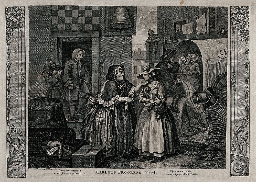 Moll Hackabout is greeted by the brothel keeper, Mother Needham; in the background Colonel Francis Charteris stands at a…
