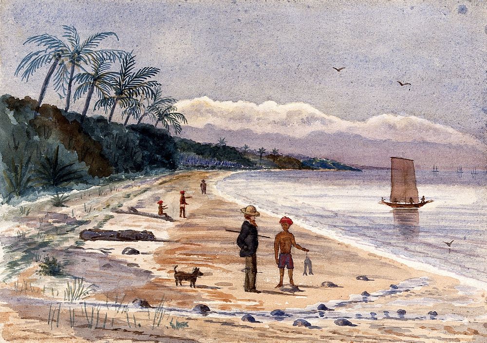 Singapore: view along the beach by Singlap. Watercolour by J. Taylor, 1879.