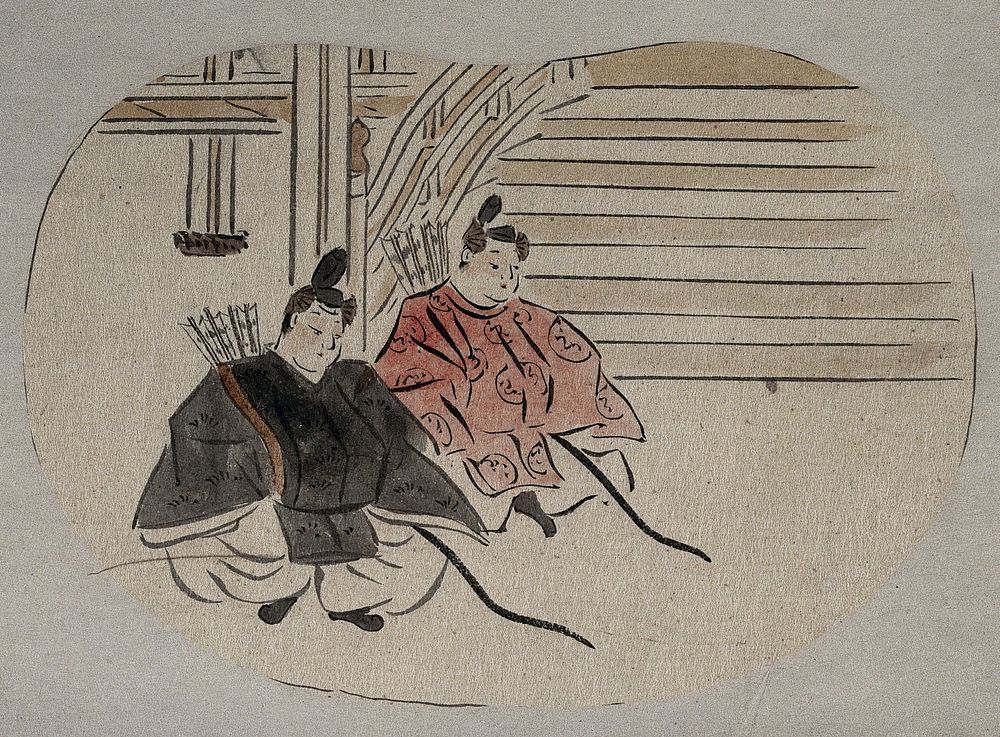 Two samurai seated. Watercolour, 18--.