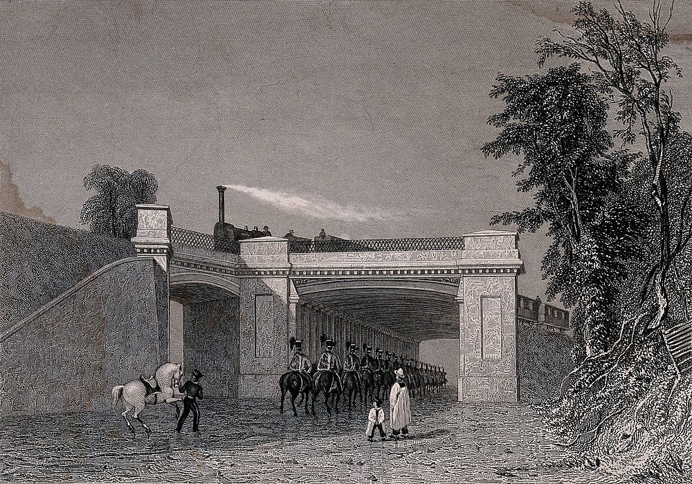 Denbigh Hall Bridge carrying the London and Birmingham Railway at Bletchley, Buckinghamshire: soldiers on horseback ride…
