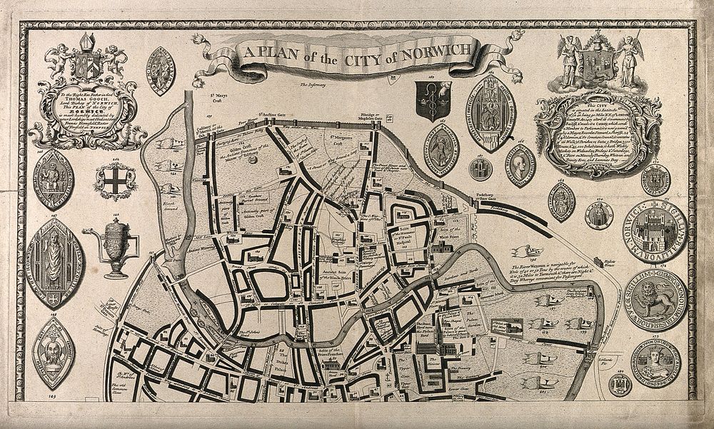 Norwich City, Norfolk: map of the city with ornamental seals. Line engraving.