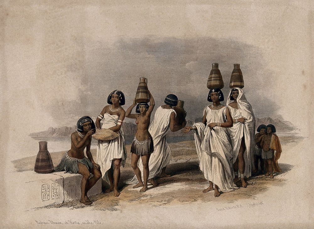 Group of Nubian women and children resting by the Nile at Korti, Sudan. Coloured lithograph by Louis Haghe after David…