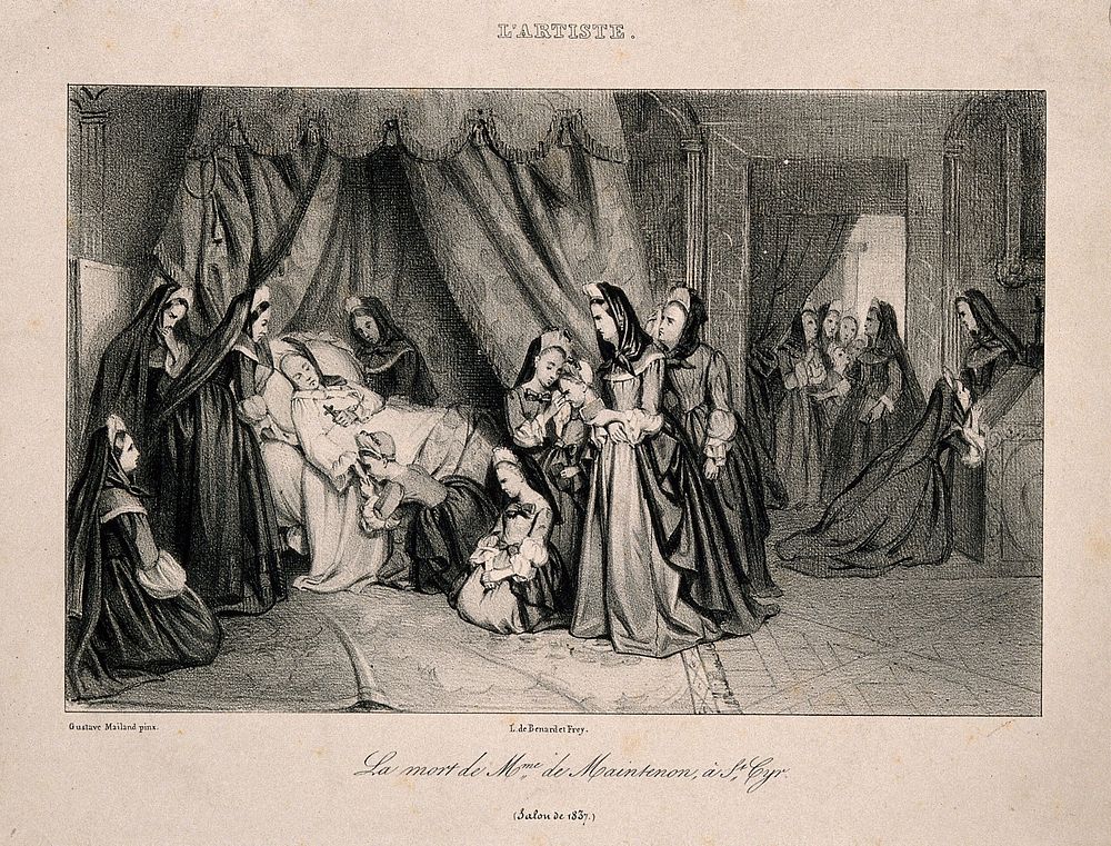 The deathbed of Madame de Maintenon at the Maison Royale de Saint-Louis, at St Cyr. Lithograph after G. Mailand, 1837.