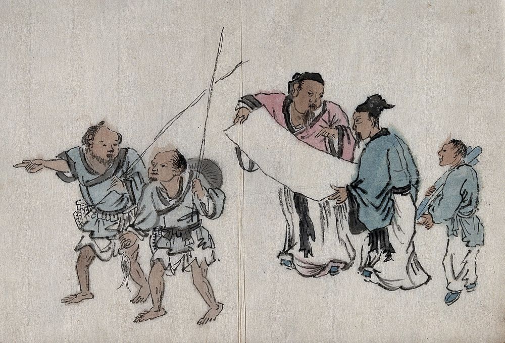 Chinese figures inspecting a sheet of paper, with subsidiary figures. Painting by a Chinese painter.