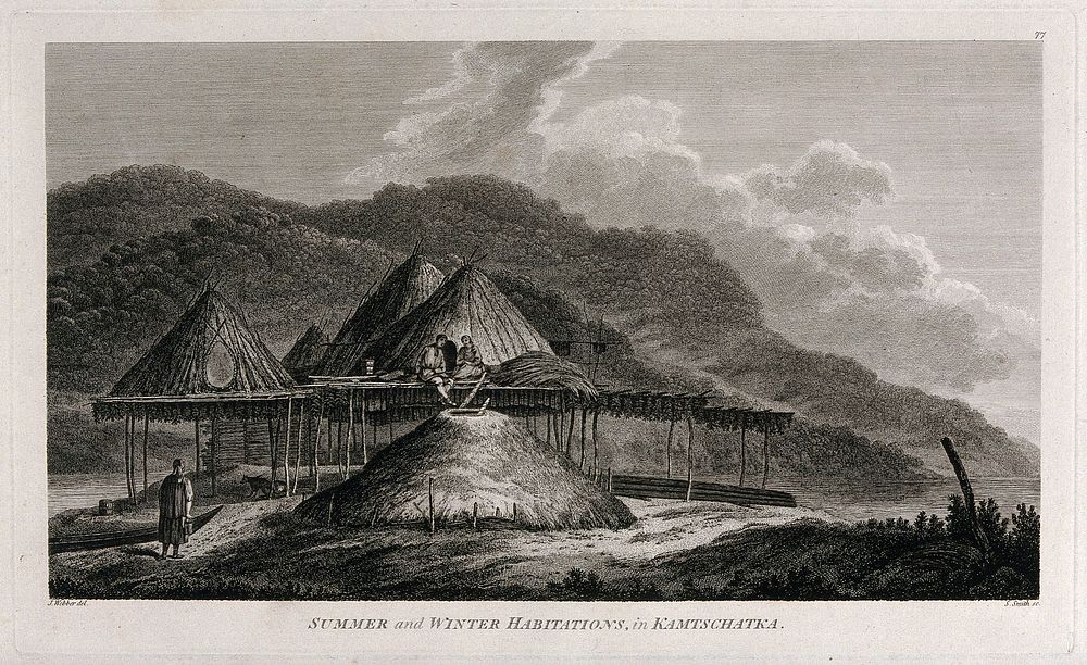 Four summer houses and a winter dwelling in Kamchatka. Engraving by S. Smith, 1784, after J. Webber.