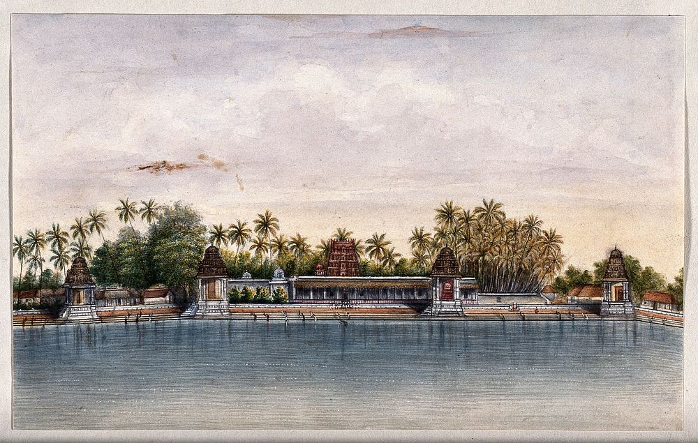 Combaconum: the holy tank at the Shiva temple in Combaconum, east end view. Watercolour by an Indian painter.