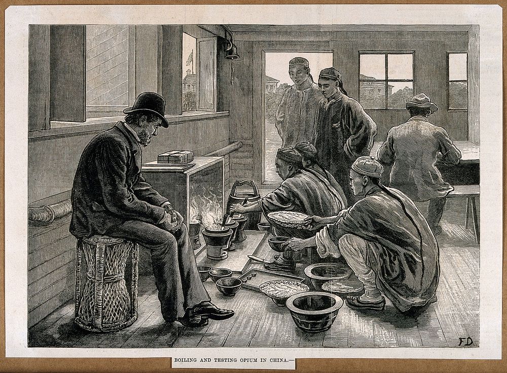 The boiling and testing of opium by Chinese men watched by a European man. Wood-engraving by F. Dadd, c. 1880.