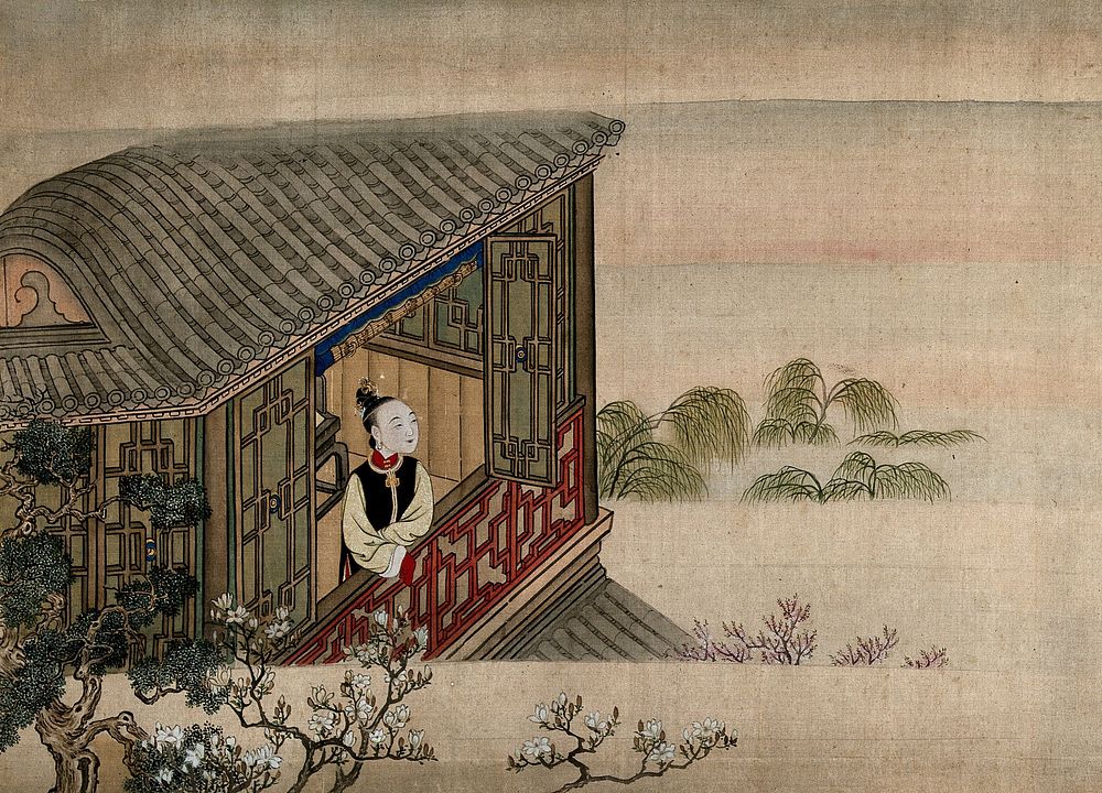 A Chinese lady standing and looking from an open window towards trees in a misty landscape; forgeound, fruit-trees in…