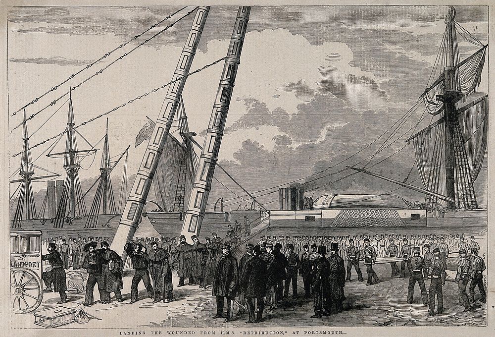 Crimean War, England: landing the wounded at Portsmouth. Wood engraving.