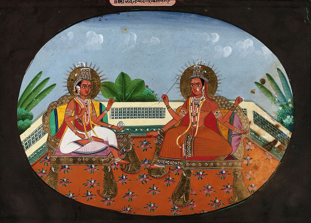 An Indian god and goddess, each with four arms, seated on golden thrones. Gouache painting by an Indian artist.