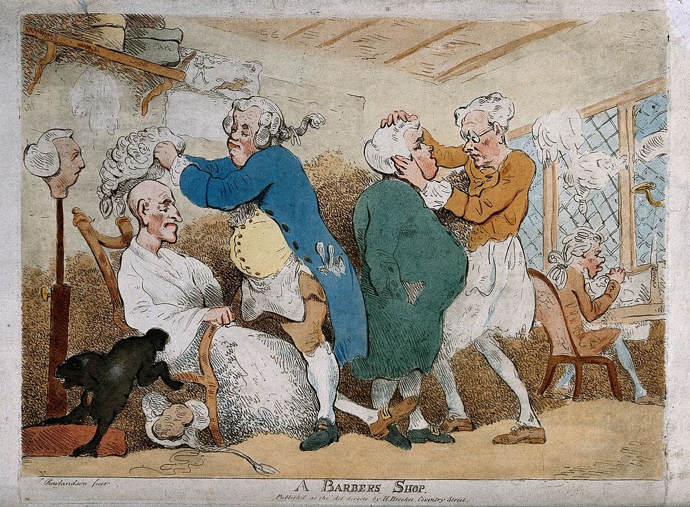 A barber's shop in which a fat barber places a wig on an old bald-headed man, an assistant barber who wears spectacles fits…