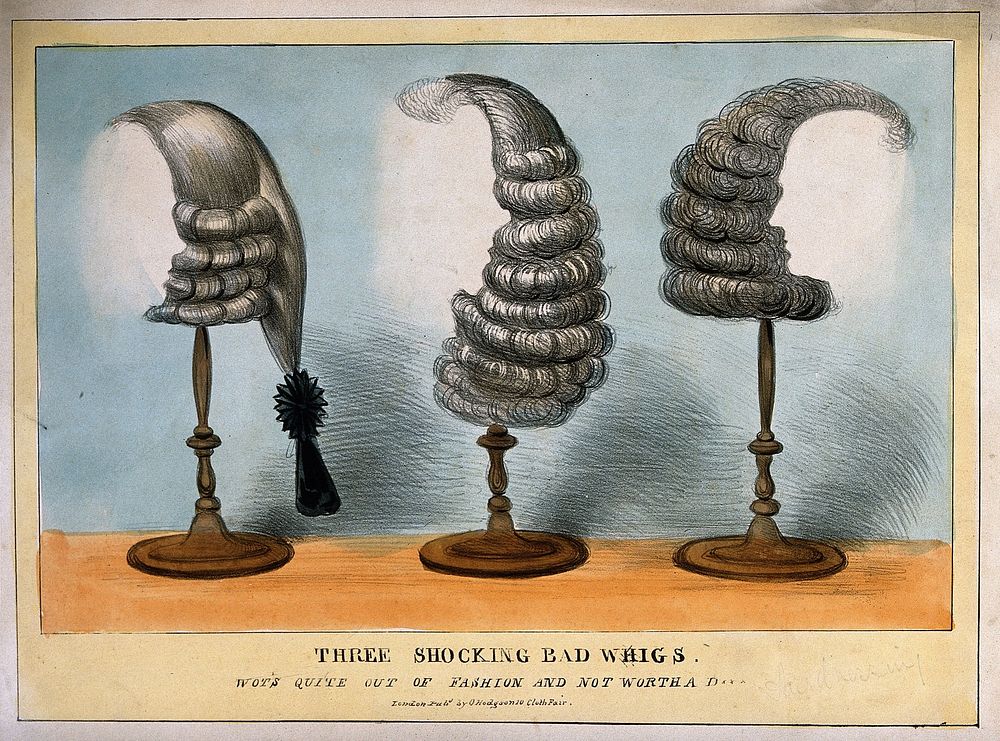 Three men's wigs on stands. Coloured lithograph.