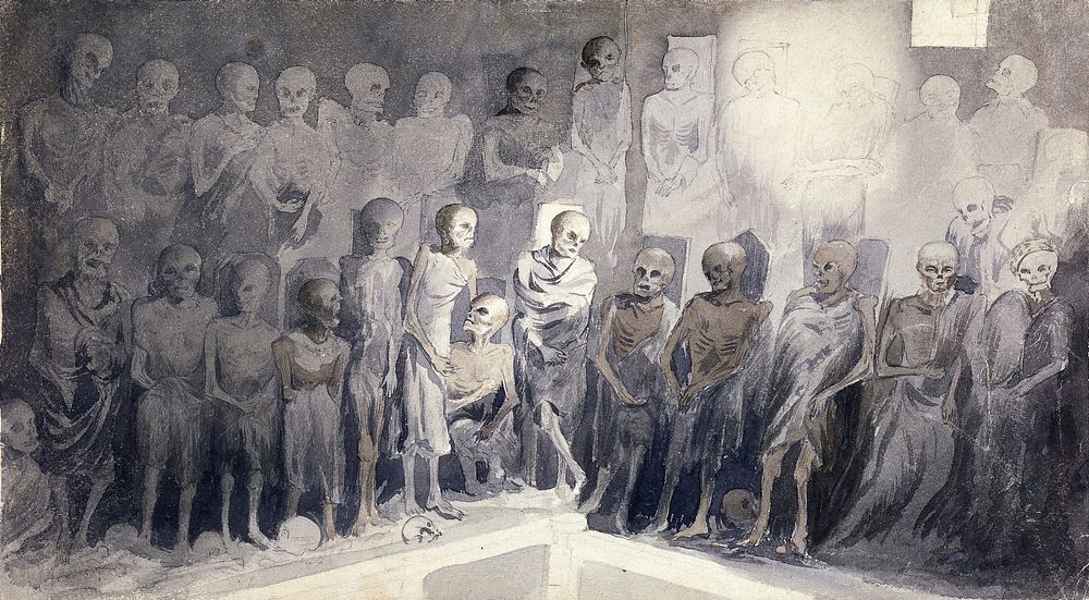 Skeletons (of Capuchin friars) preserved in a crypt. Wash drawing.