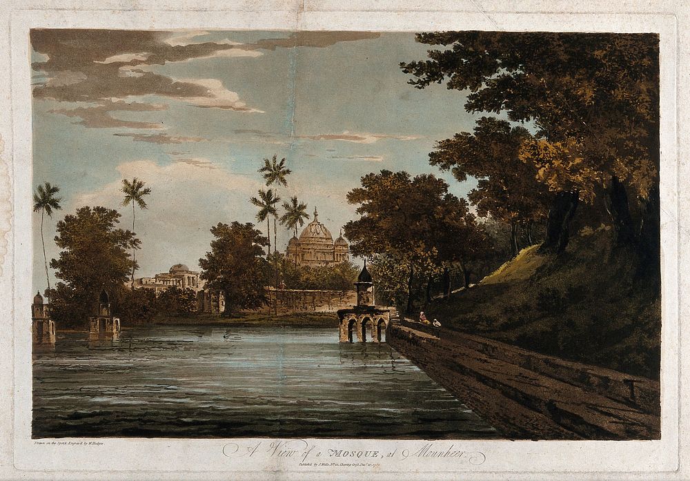 Mausoleum of Makhdam Shah Daulut at Maner, Bihar. Coloured etching by William Hodges, 1786.