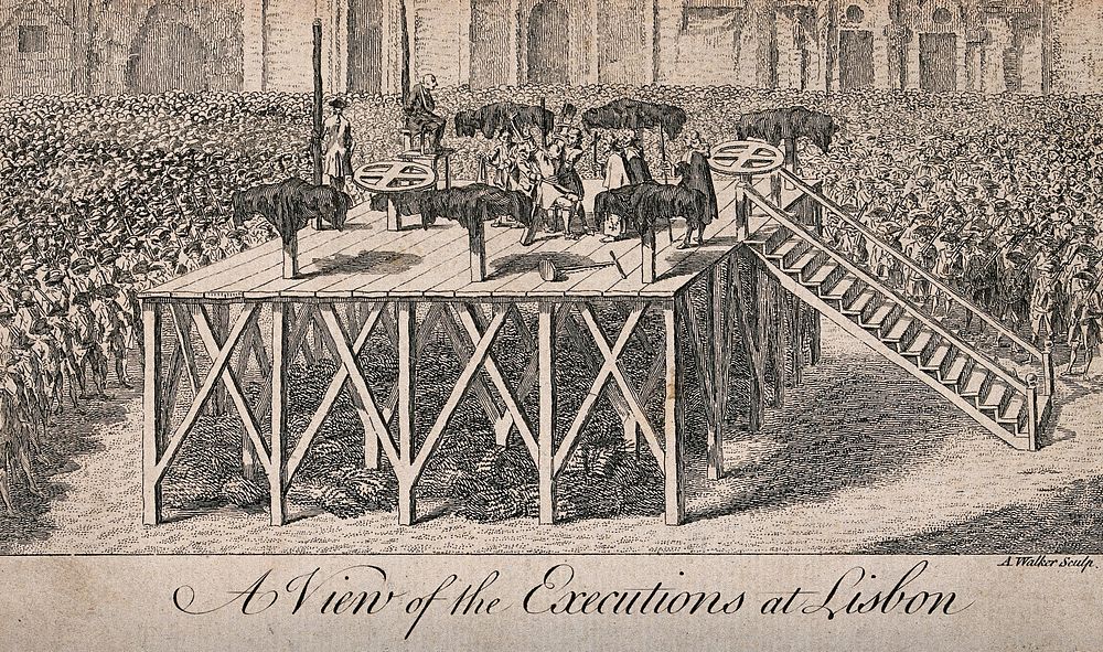 A large crowd surrounds a platform on which victims are tortured by means of racks and crosses. Engraving with etching by A.…