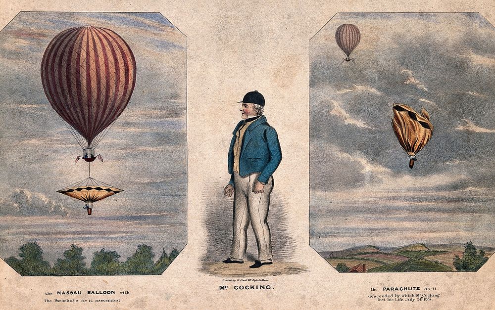 A balloon ascending carrying Robert Cocking with his parachute; Robert Cocking; the parachute descending and about to crash…