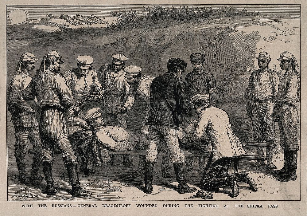 Serbo-Bulgarian War: the Russian General Dragomirov being treated for his wounds. Wood engraving.
