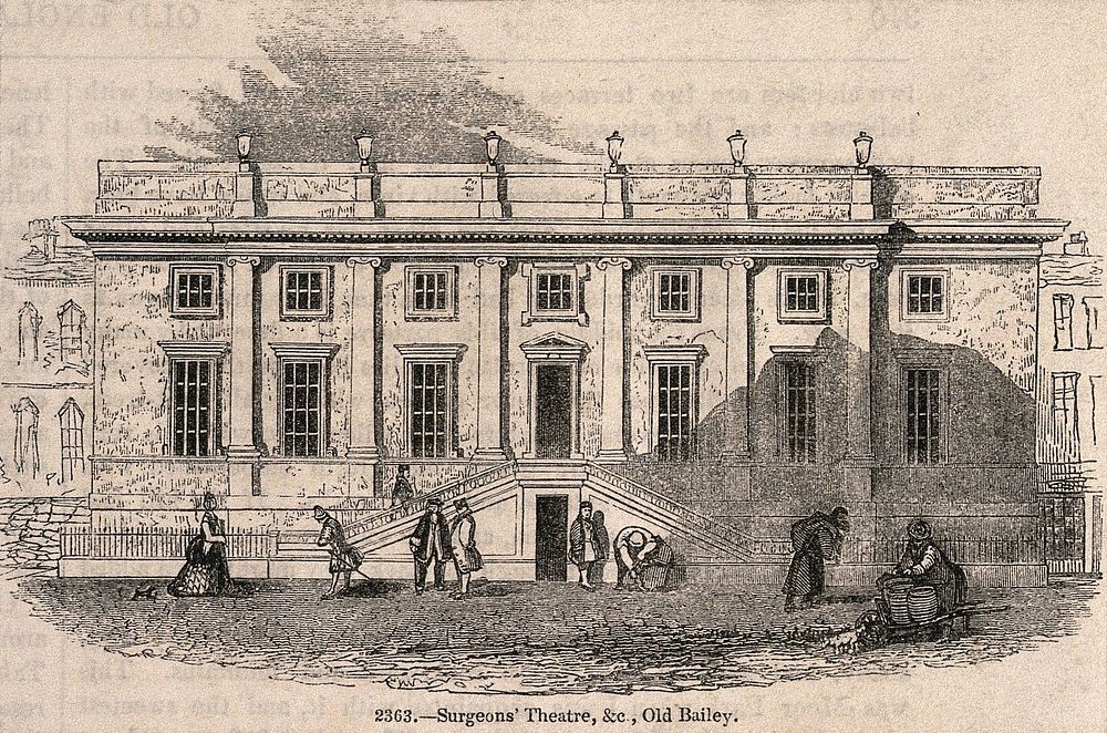 Surgeons' Hall, Old Bailey, London, the facade, with various people in the street. Wood engraving.