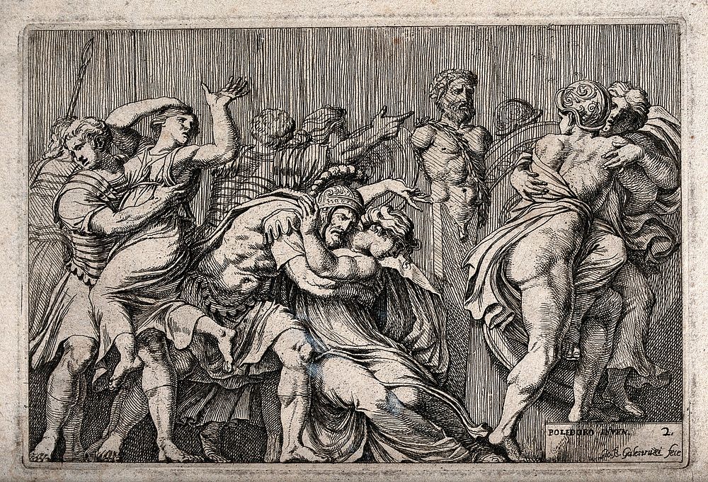 The rape of the Sabine women. Etching by G.B. Galestruzzi after Polidoro da Caravaggio.