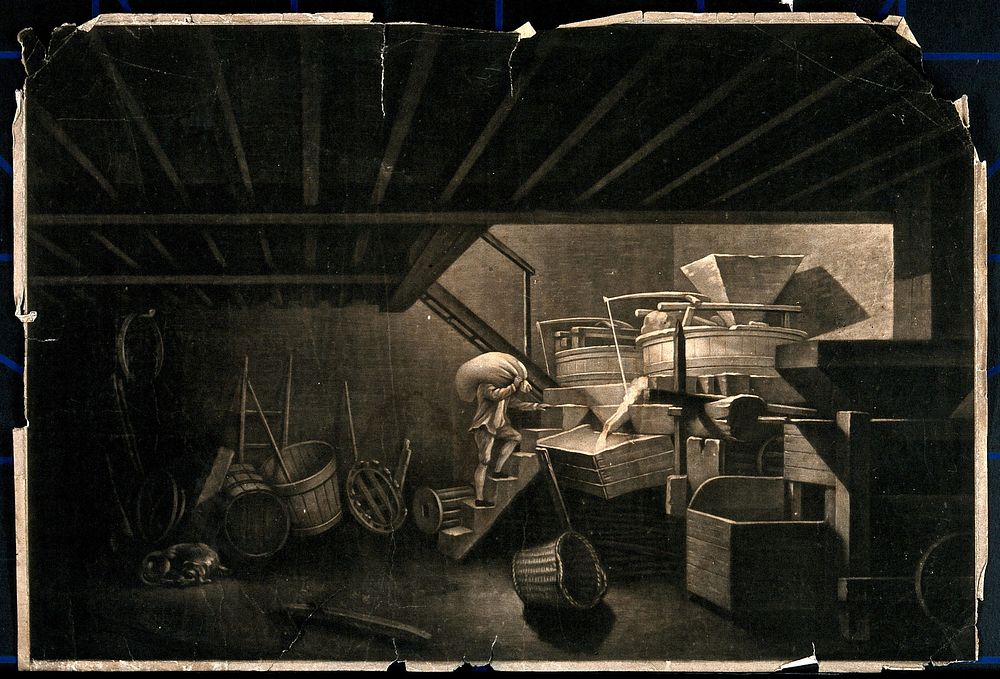 A man is carrying a sack up the stairs from the underground floor of a flour mill. Mezzotint.