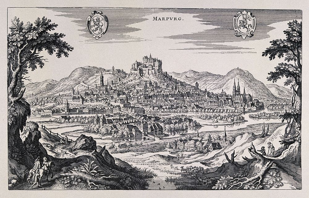 Marburg, Germany: panorama with crest. Reproduction of a line engraving by K. Merian.