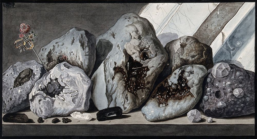 Stones or crystals from Mount Vesuvius. Coloured etching by Pietro Fabris, 1776.