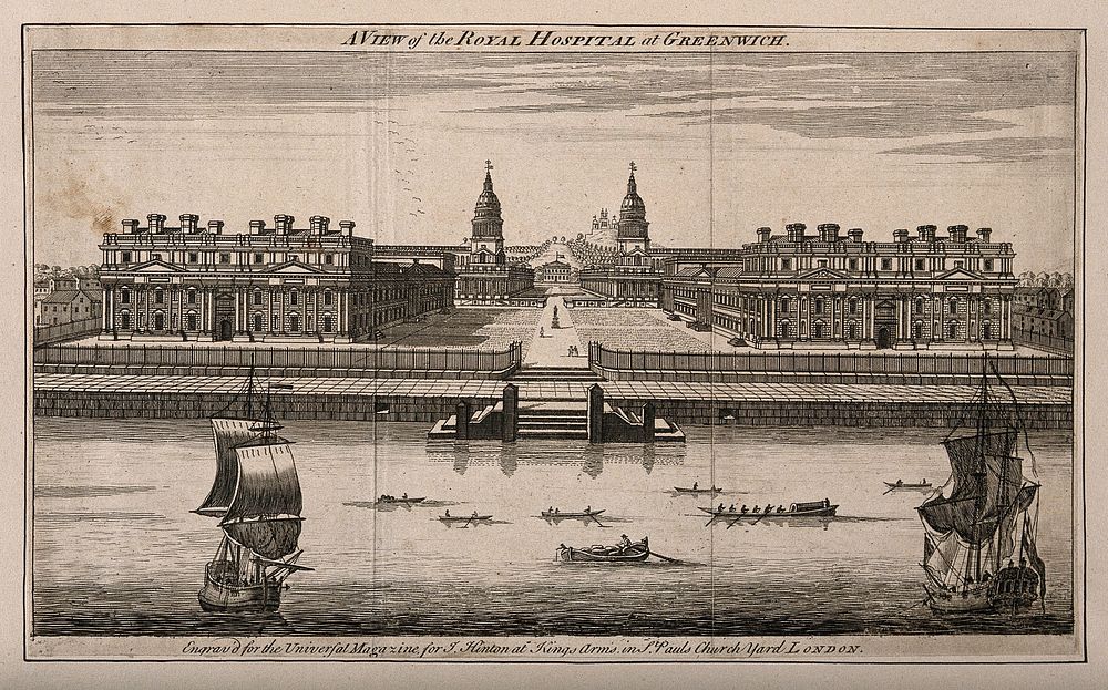 Royal Naval Hospital, Greenwich, with ships and rowing boats in the foreground, small houses to either side. Engraving, 174-.