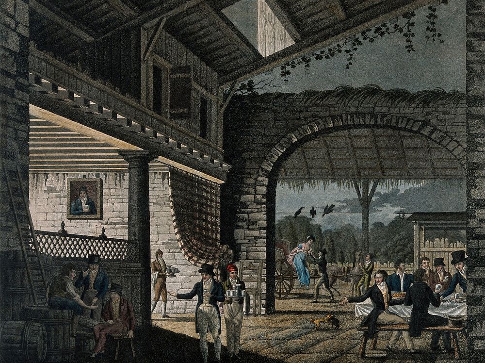 An open tavern with large archway with drinks being brought to a table of diners and a lady alighting from her phaeton.…