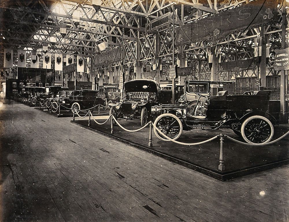 The 1904 World's Fair, St. Louis, Missouri: an automobile exhibit: French vehicles. Photograph, 1904.
