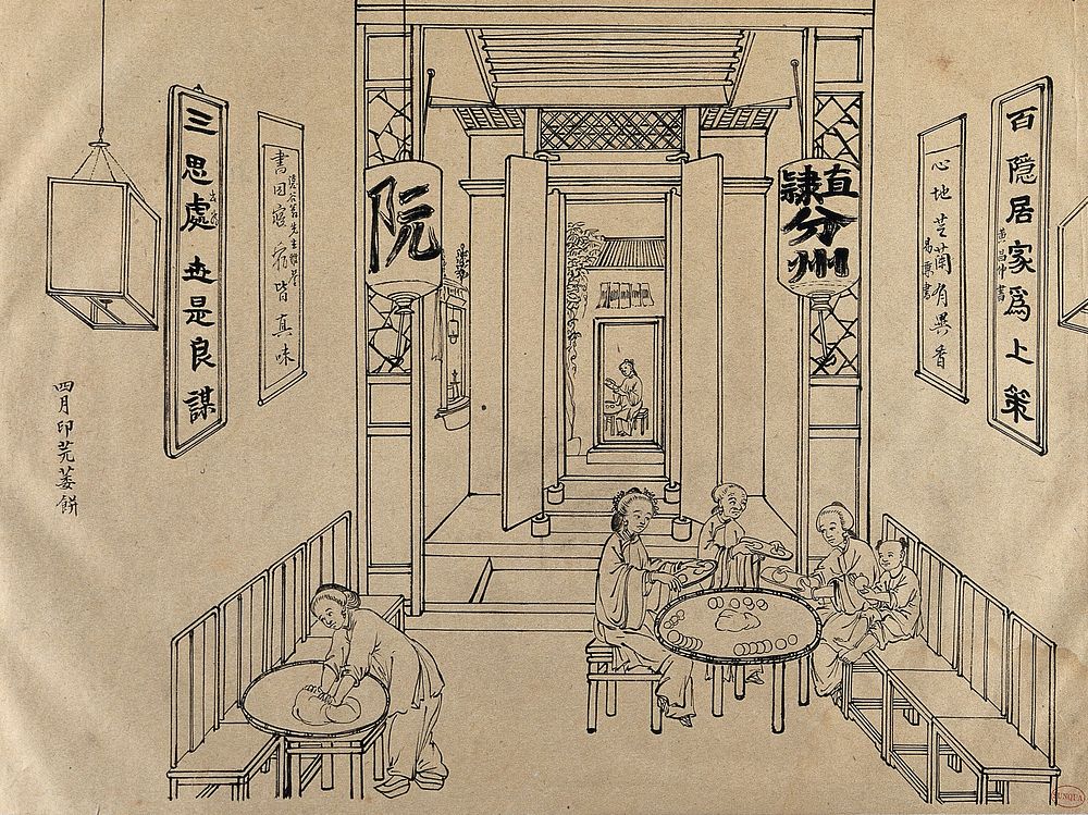 A Chinese kitchen. Brush drawing by Chinese artist, ca. 1850.