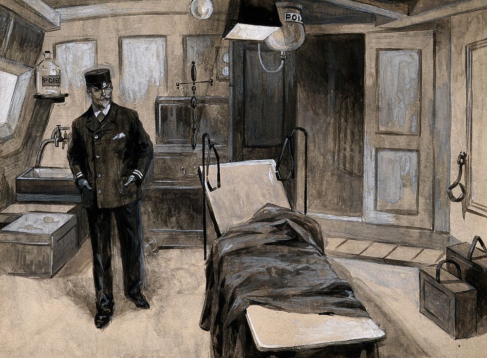 Boer War: the operating theatre of a hospital ship in which stands a naval man. Gouache painting by F. Dickinson, 1899.