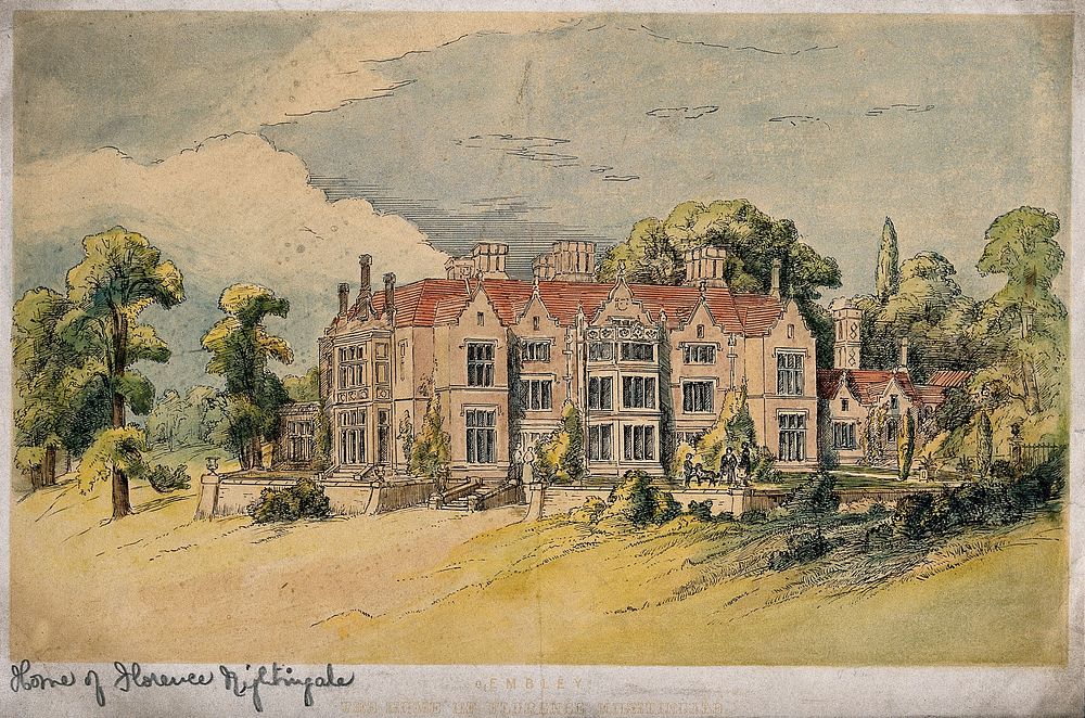 Embley Park, Hampshire, home of Florence Nightingale's family. Coloured lithograph after Frances Parthenope Nightingale.
