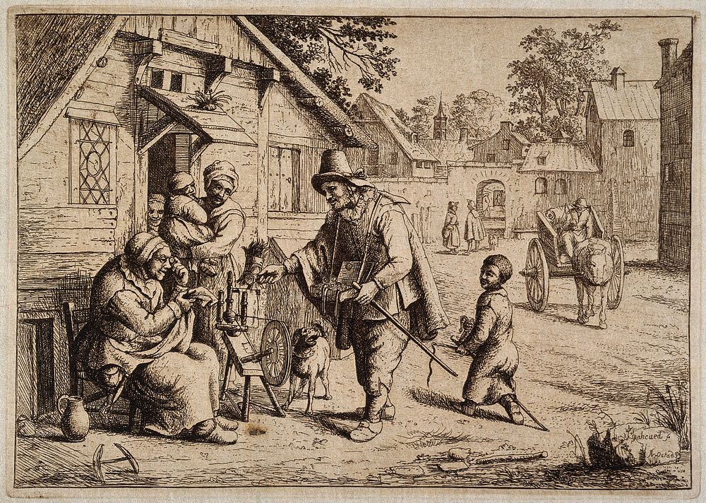 A vendor of spectacles showing his wares to a woman at her spinning wheel, while her family look on. Etching by D. Deuchar…