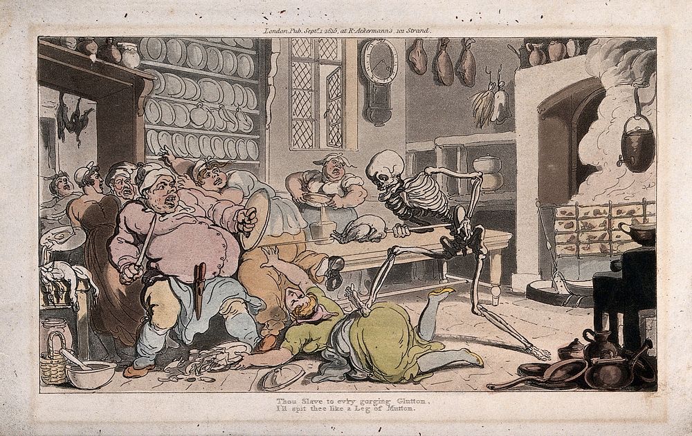The dance of death: the kitchen. Coloured aquatint after T. Rowlandson, 1816.