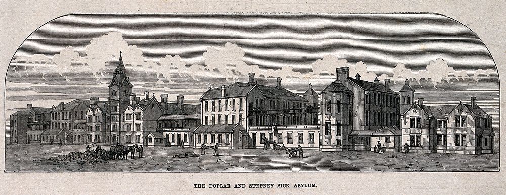 The Poplar and Stepney Sick Asylum, Bromley-by-Bow: the street facade. Wood engraving, (c.1870).