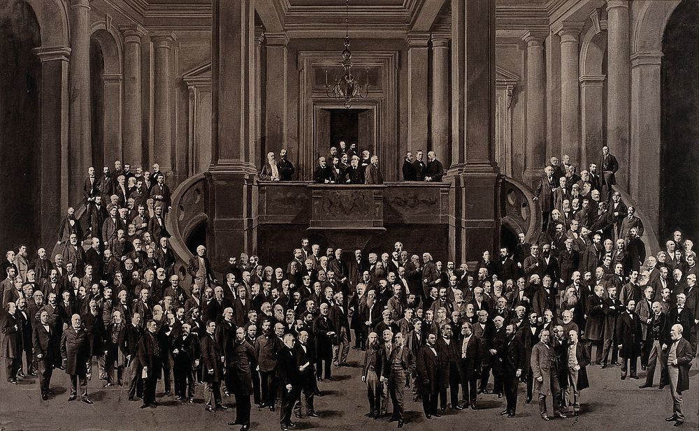 Fellows of the Royal Society: portraits placed on a painted backdrop including a grand staircase. Photograph by Barraud &…