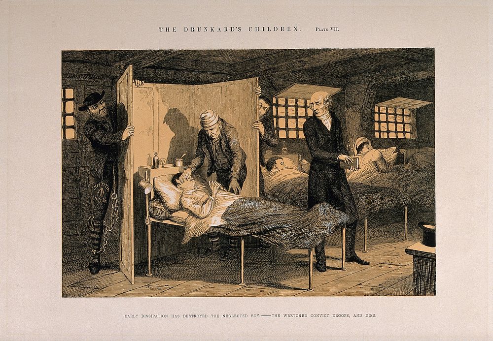 A prisoner lies dying in his bed, his life ruined by early frivolity. Etching by G. Cruikshank, 1848, after himself.