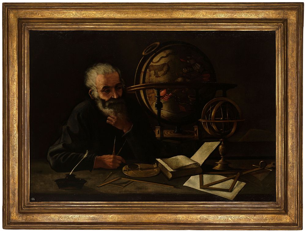 A philosopher with a celestial globe. Oil painting, ca. 162-.