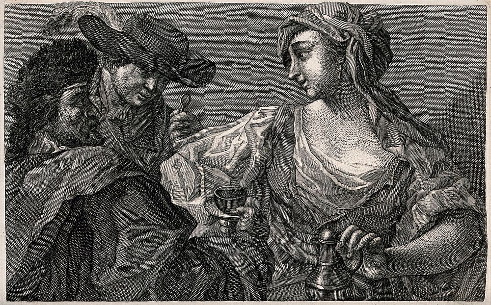 A woman is being admired by two men, one of whom is taking a closer look through a quizzing glass. Engraving after Domenico…