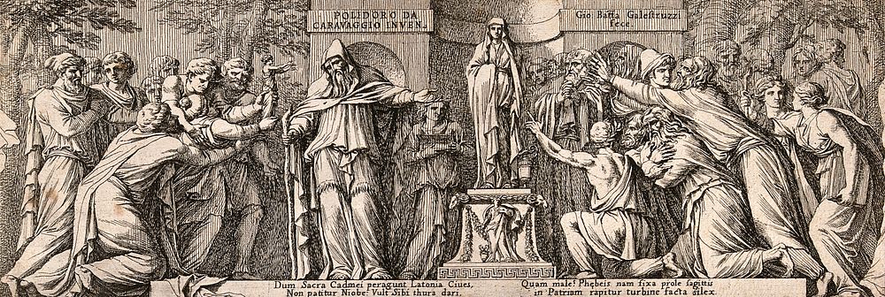 Pagans worshipping a statue of Latona in preference to Niobe. Etching by G.B. Galestruzzi, 1656, after Polidoro da…