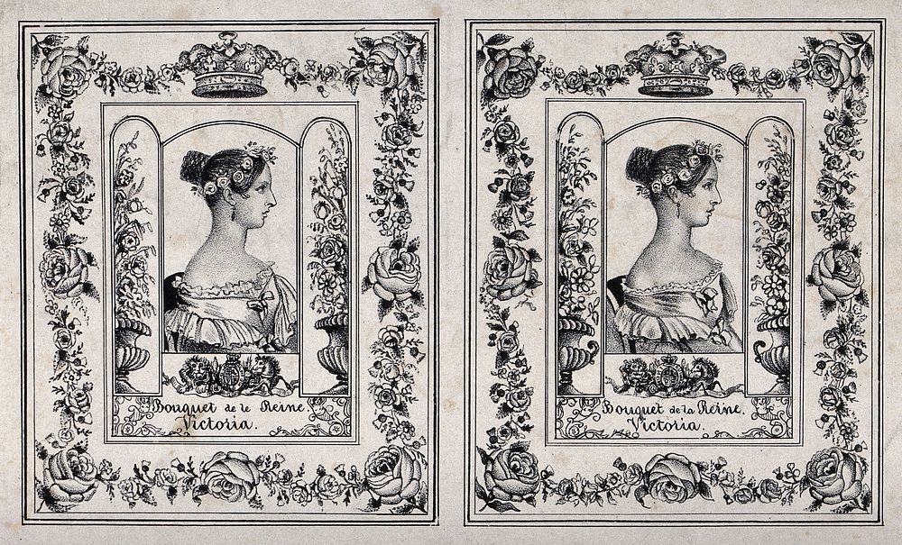 Sixteen designs of labels for perfume. Lithograph.