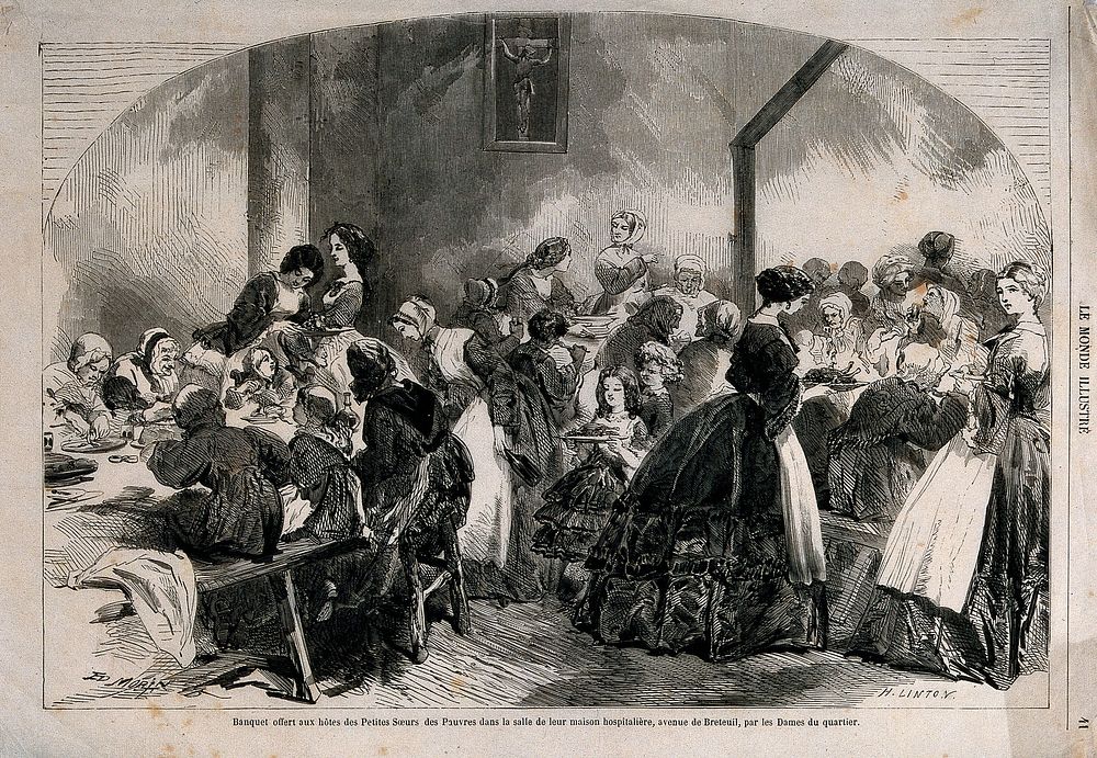 Food being served by charitable ladies to poor women in Paris. Wood engraving by H. Linton after E. Morin.