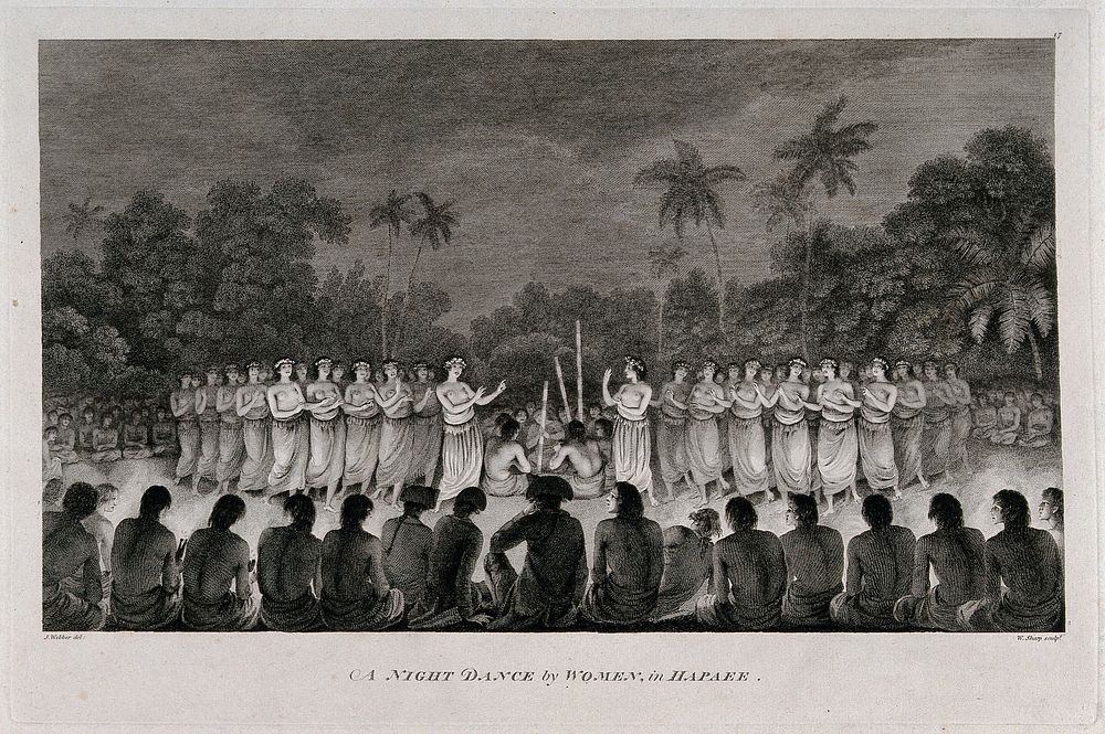 Women dancing in front of Captain Cook and members of his crew, on the island of Lifuka (Tonga). Engraving by W. Sharp…