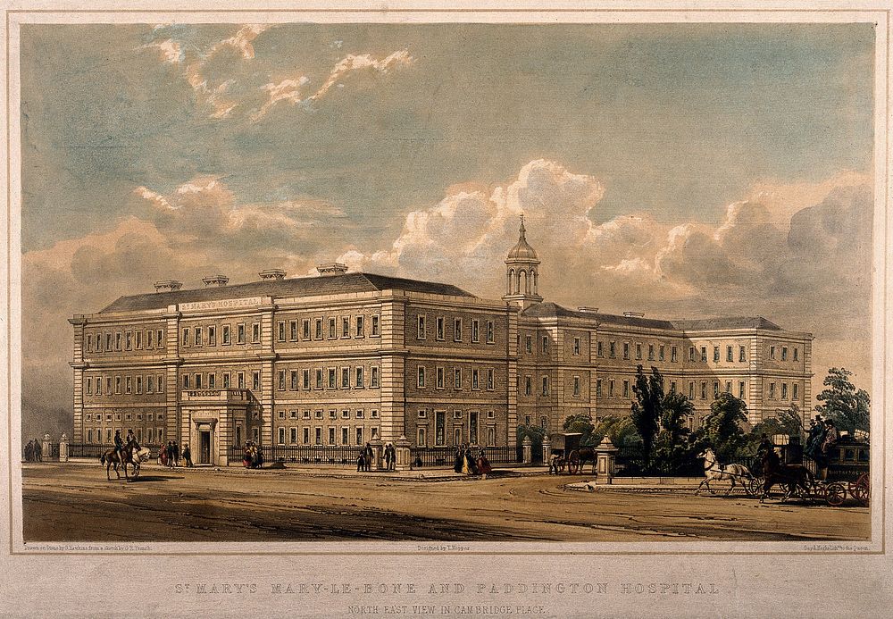St Mary's Hospital, Paddington, London. Coloured lithograph by G. Hawkins after G. R. French.