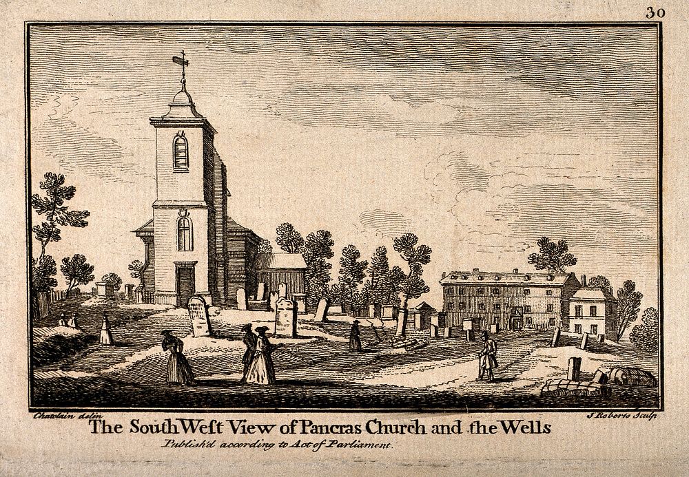 St Pancras Wells, King's Cross, London: view showing St Pancras church, and the Wells in the background. Engraving by J.…