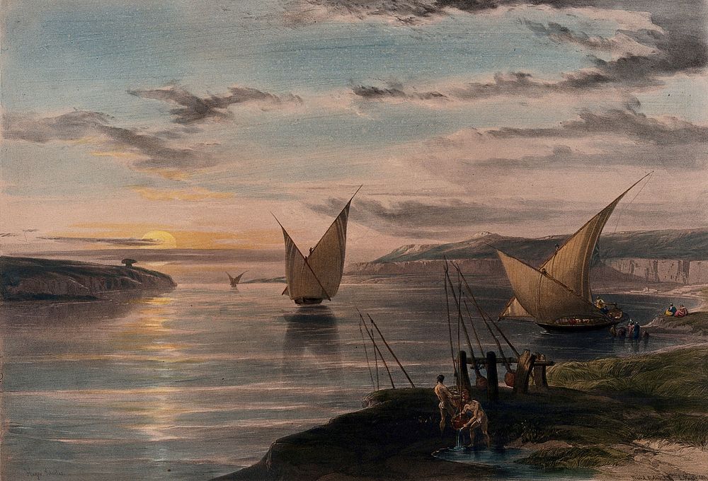 Boats on the Nile at sunset, Egypt. Coloured lithograph by Louis Haghe after David Roberts, 1847.